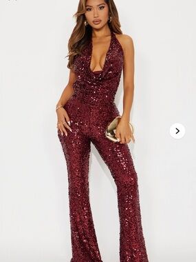 Fashion Nova Wine Sequin Halter Jumpsuit